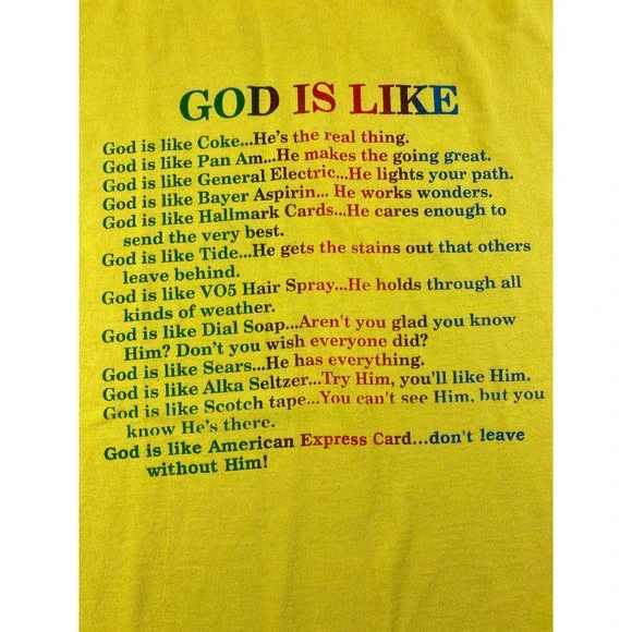 Vintage God Is Like T-Shirt Yellow Single Stitch Best Tag Made In USA Size L - Picture 2 of 5